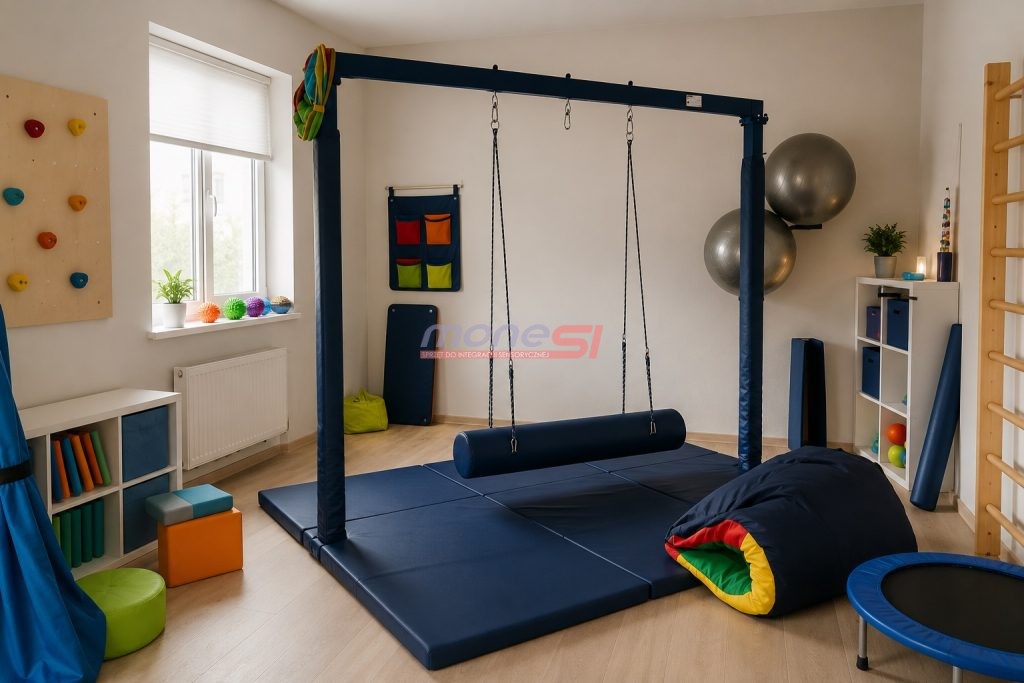 Mała sala integracji sensorycznej z huśtawką terapeutyczną SI